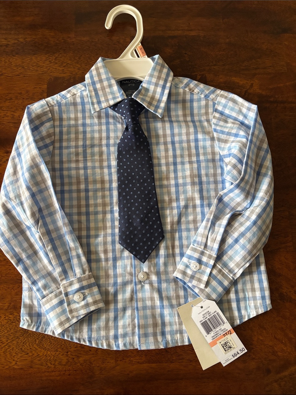 NWT Nautica Light Blue and Navy Plaid Button-Down with Navy Dot Tie-size 2T